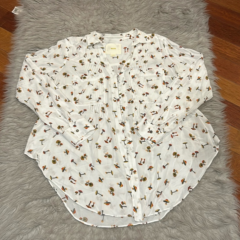 Maeve White Button-Down Shirt with Multicolor Mushroom Print